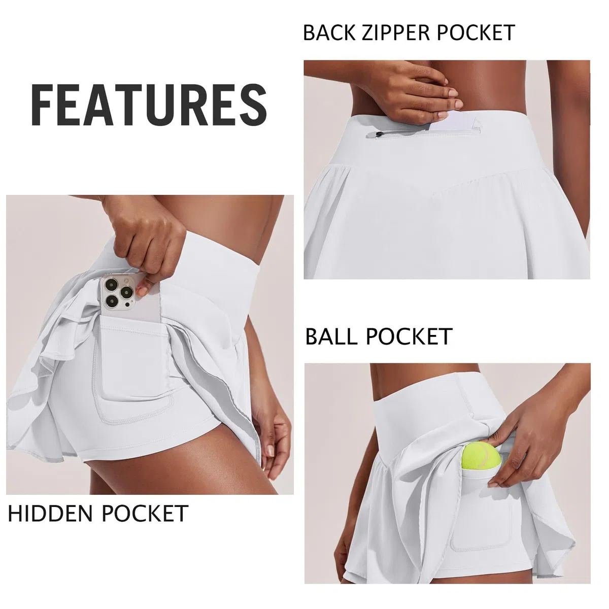 PINSPARK Falda Tenis para Mujer Falda de Tenis de Cintura Alta Cintura en V Falda Deportiva con Volantes Falda de Golf de Verano con 3 Bolsillos Falda Plisada Entrenamiento con Pantalones Interiores