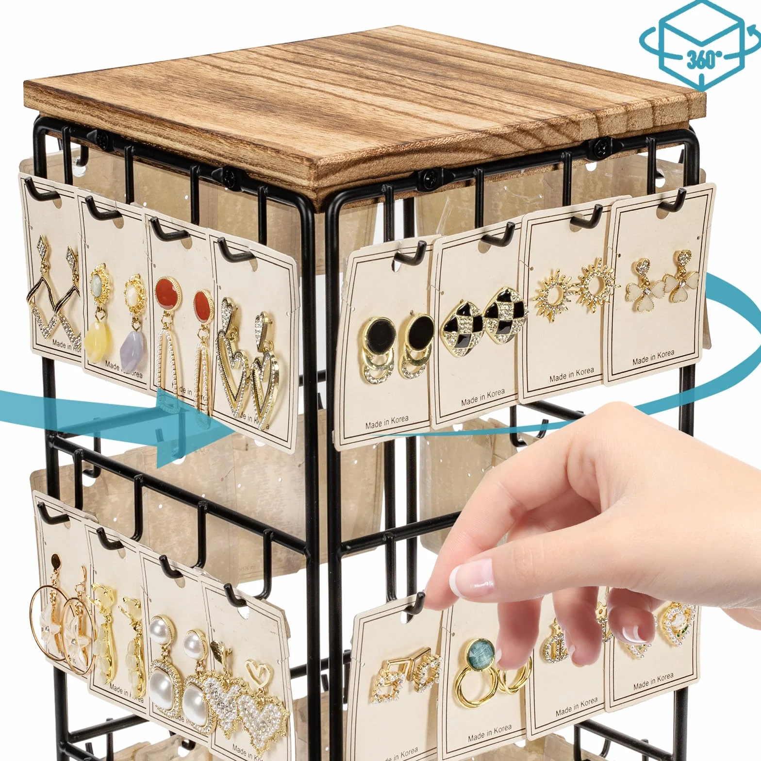 Organizador Pendientes, Expositor de Pendientes Giratorio 360°, Expositor Pendiente 3 Capas con 48 Ganchos, Bandeja de Madera, para Pendientes, Tachuelas (Metal y Madera)
