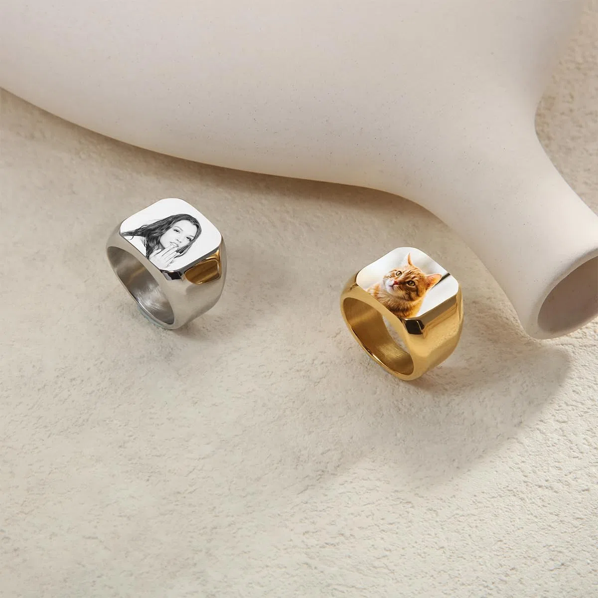 Personalizada de Acero Inoxidable Signet Anillo Personalizado Foto Grabado para Hombres Mujeres Mejor Amigo Memorial Regalo Imagen con Ajustadores de Tamaño de Anillo
