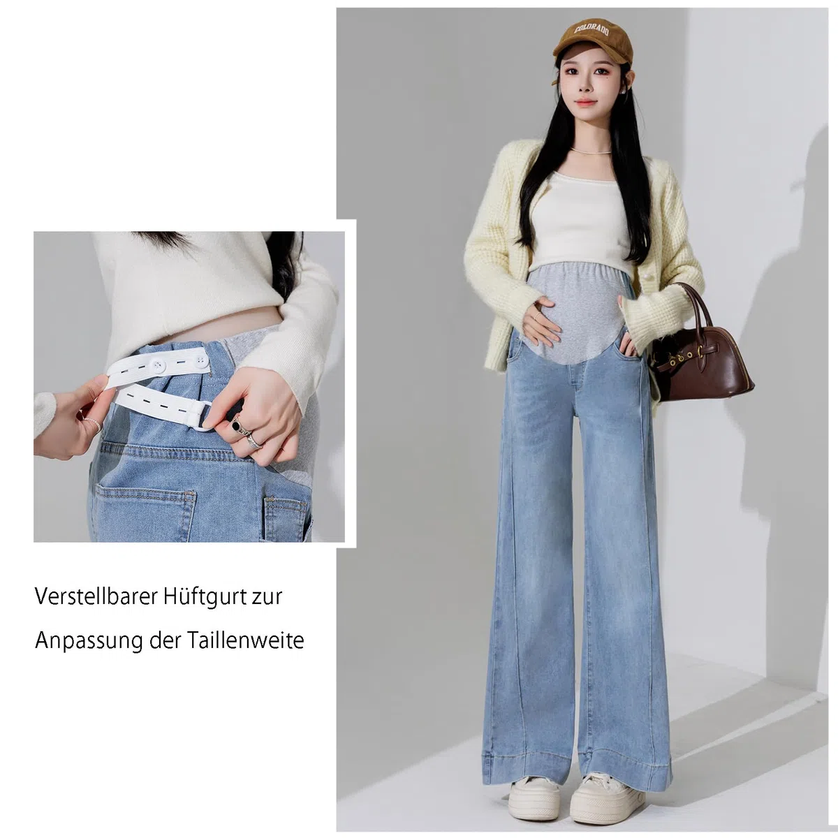 Pantalones vaqueros embarazados para mujer, cintura ajustable, corte ancho, pantalones vaqueros elásticos con bolsillos para mujeres pequeñas de hasta 170 cm