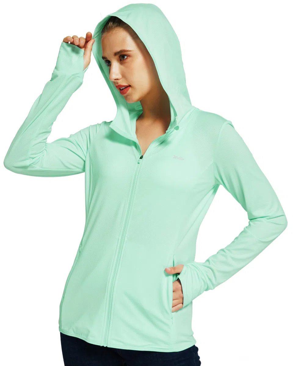 WILLIT Chaqueta deportiva para mujer, de manga larga, protección solar, con capucha, protección UV, UPF 50, ligera, yoga, fitness, senderismo, con bolsillos