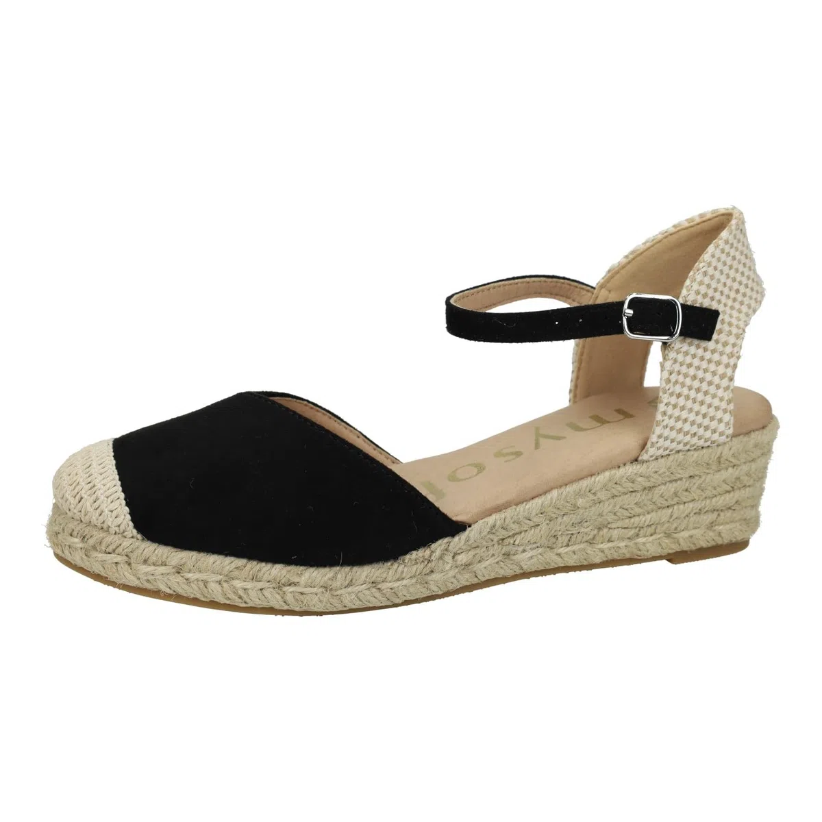 25M102 Esparteñas de Mujer en Color Negro, con Plantilla de Gel. Alpargatas con cuña de 4.5cm, Cierre de Hebilla, Calzado Vegano ecofriendly Mujer Alpargatas