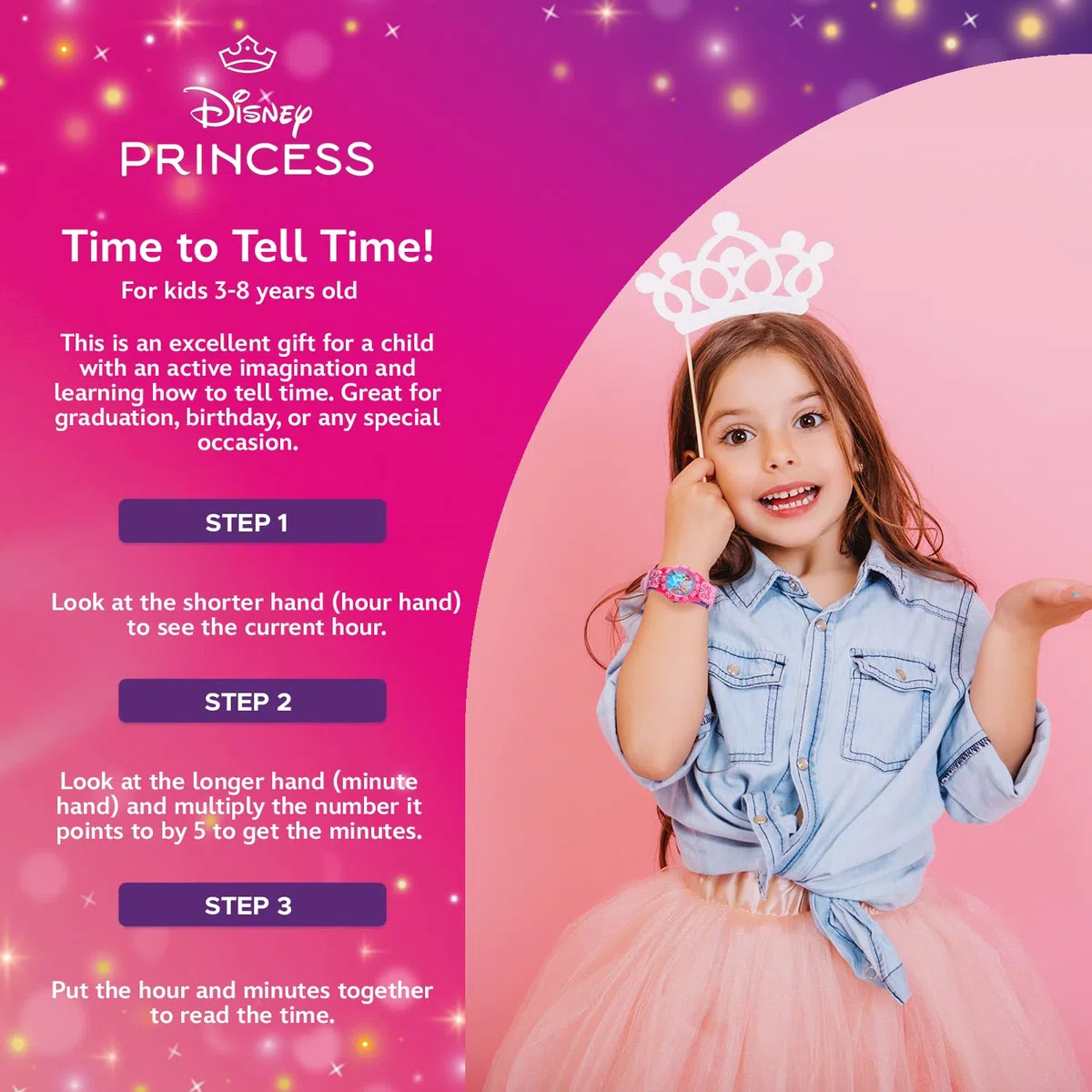 Disney Reloj de Princesa para niñas – Reloj de Princesa para niños con Bisel Rosa y Correa de Nailon Morado – Relojes niñas de 4 a 7 años