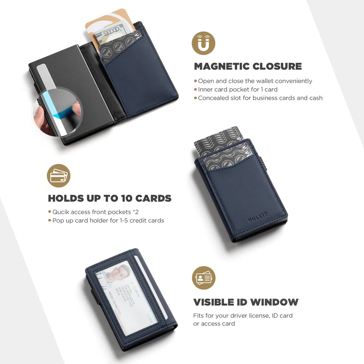 VULKIT Tarjetero Delgado con Bloqueo RFID para Hombre Tarjetero Automático Emergente para Tarjetas y Notas con Cierre Magnético