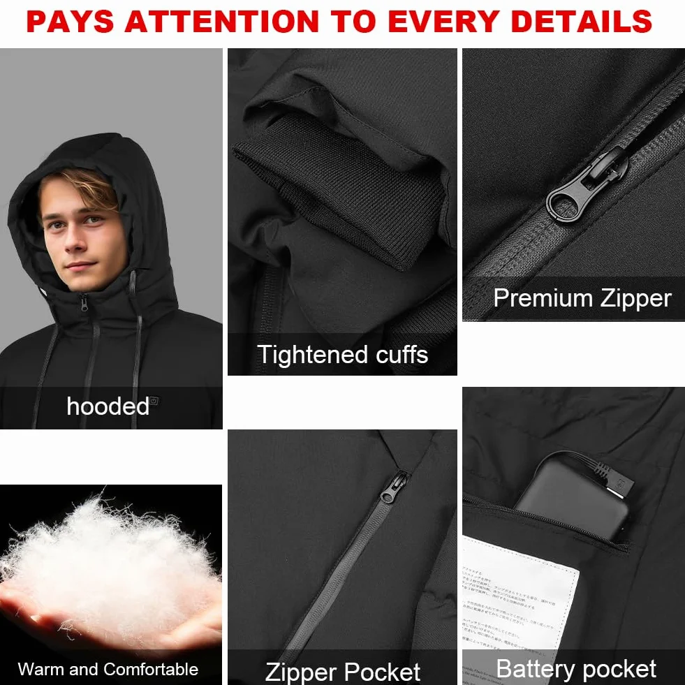 Chaqueta Calefactable con Batería 10000mAh y Capucha para Hombre Mujer, Chaqueta Calefactable de 3 Niveles de Calefacción, Chaqueta Termica para Al aire libre Esquí Trabajo