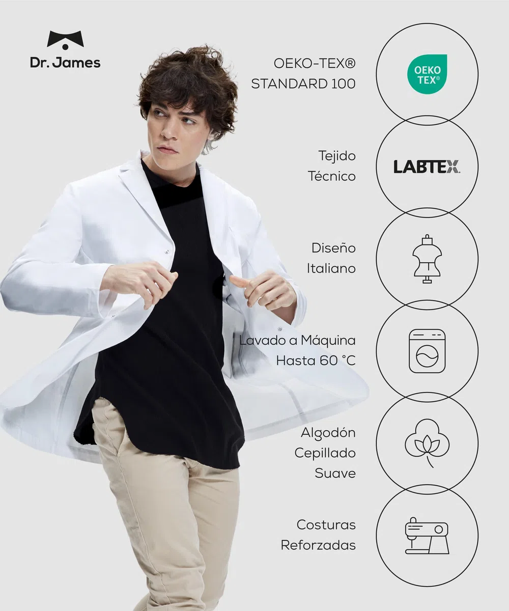 Dr. James Bata de laboratorio Premium mujeres, con bolsillos laterales, ajuste entallado, cierre a presión oculto