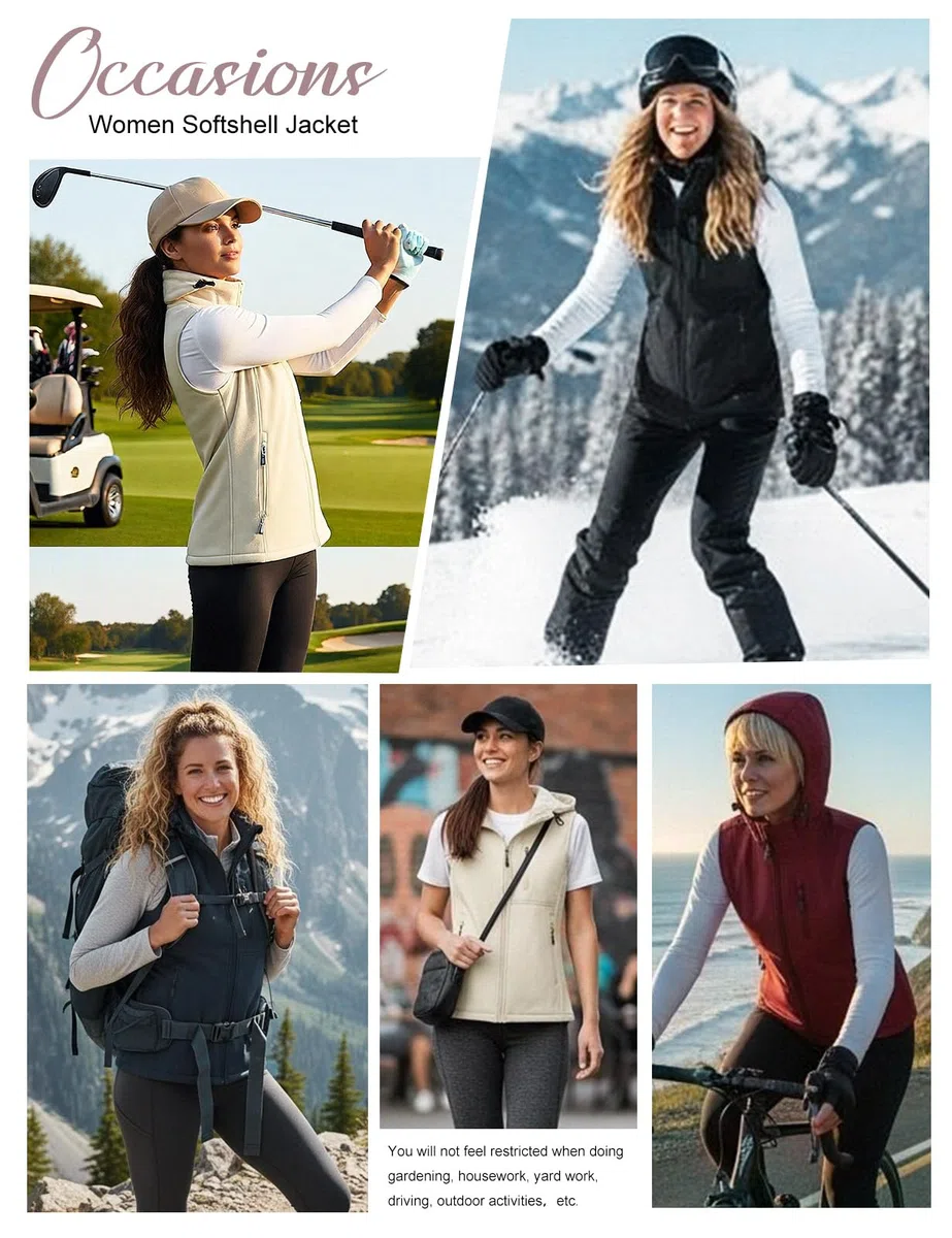 CMTOP Chaleco Mujer Softshell Impermeable, Forro Vellón Ligero Chaqueta sin Mangas, Antiviento Exteriores Capucha Chalecos con Bolsillos con Cremallera para Primavera Otoño