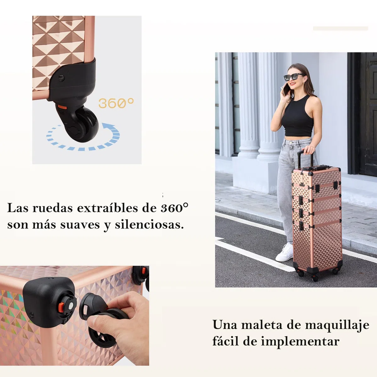 Maleta Maquillaje 4 en 1 Maletin Maquillaje Rueda de Gran Capacidad Caja Maquillaje Maletin de Cosméticos portátil con Cerradura Organizador de Maquillaje, Oro Rosa