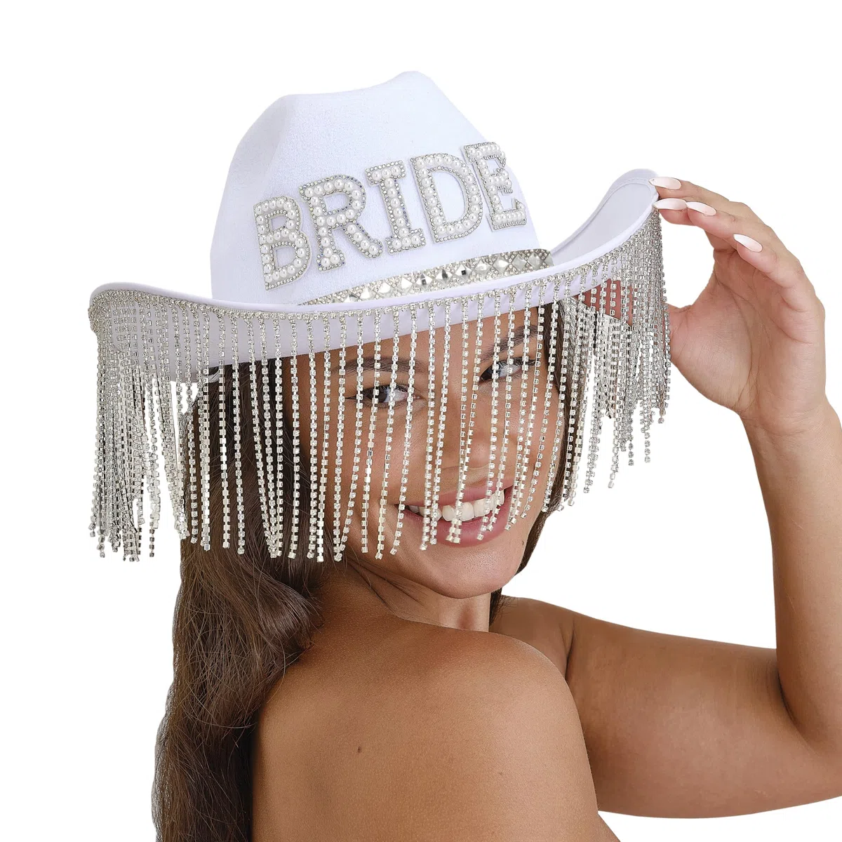 Ginger Ray Sombrero de Vaquero Blanco Adornado con Perlas de imitación con Borde de borlas, para Despedida de Soltera