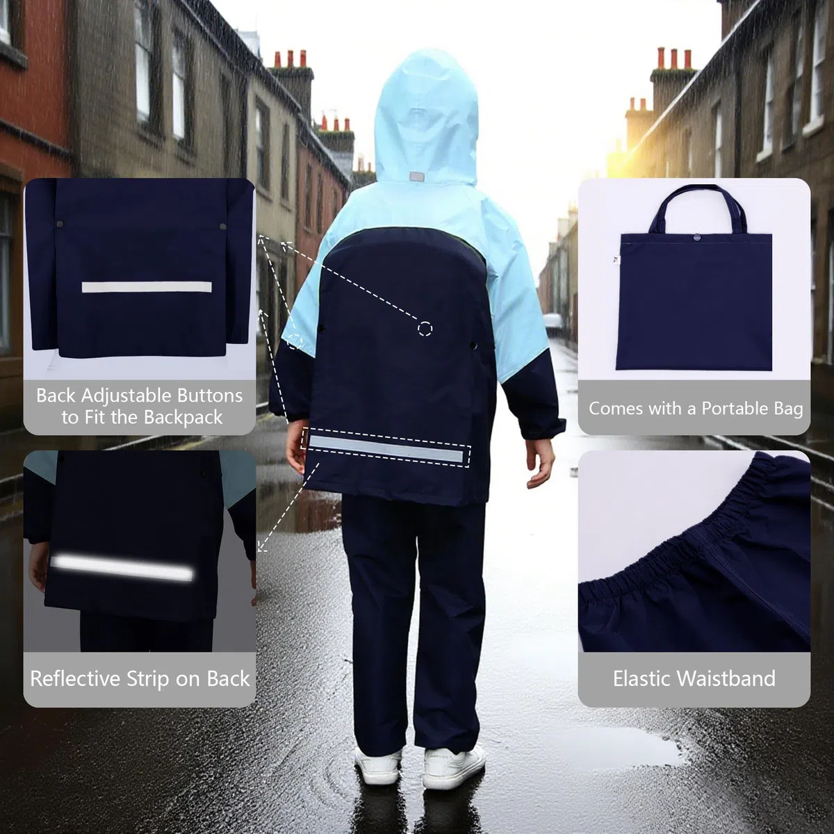 Chubasquero Impermeable Niño Niña Chaqueta Lluvia & Pantalones Traje con Capucha y Bolsa Portátil Impermeable Traje de Lluvia Conjunto Ligero Aire Libre Abrigos para Adolescente 8-14 años