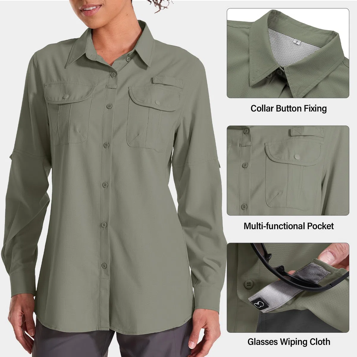 Camisa de manga larga UPF 50 para mujer, diseño de safari, senderismo, pesca, protección UV rápida, con botones, camisa de viaje para jardinería
