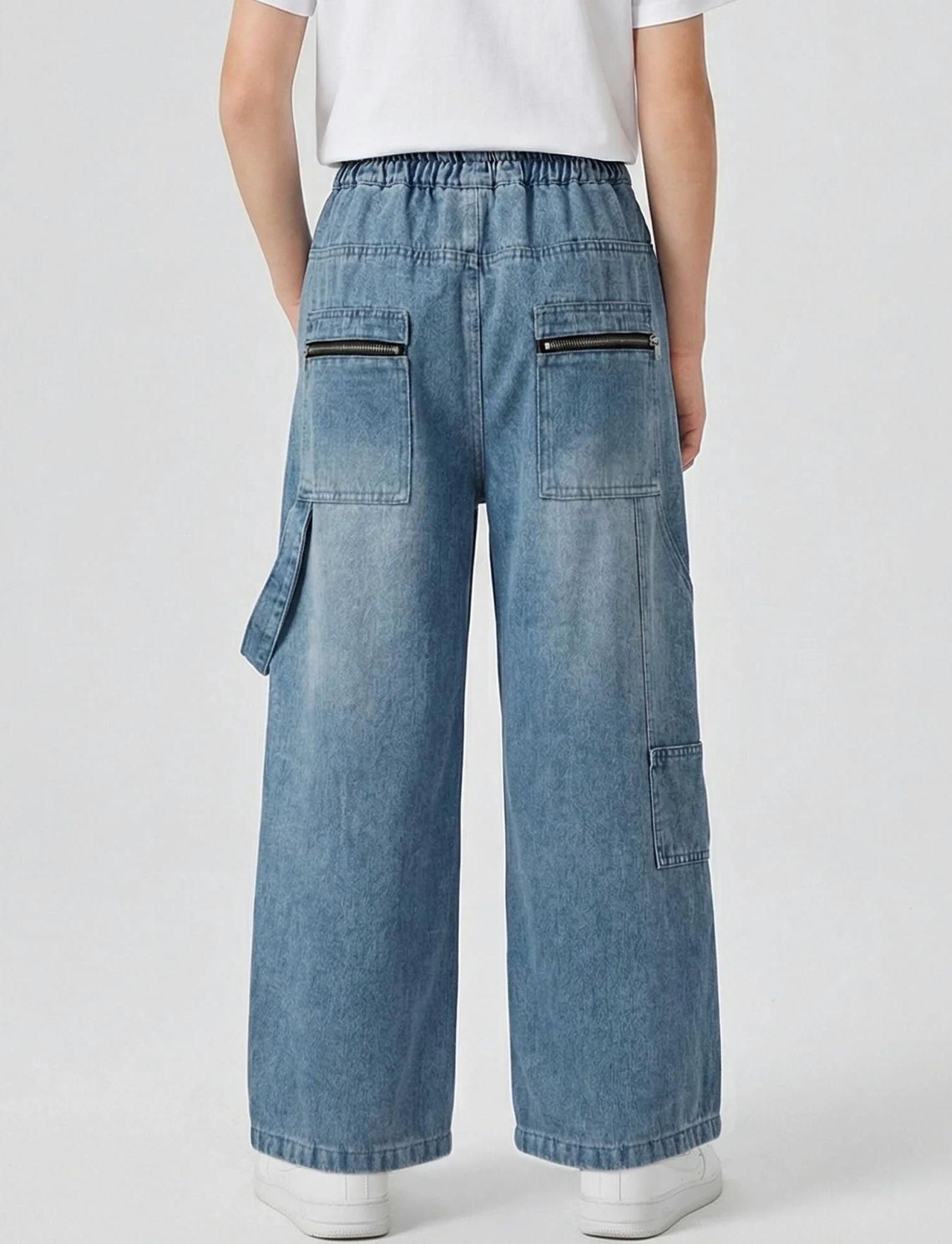 SEAUR Pantalones de mezclilla holgados de pierna ancha para niños, cintura elástica, pantalones de mezclilla para niños, pantalones cargo vintage Y2K, algodón, 6-15 años