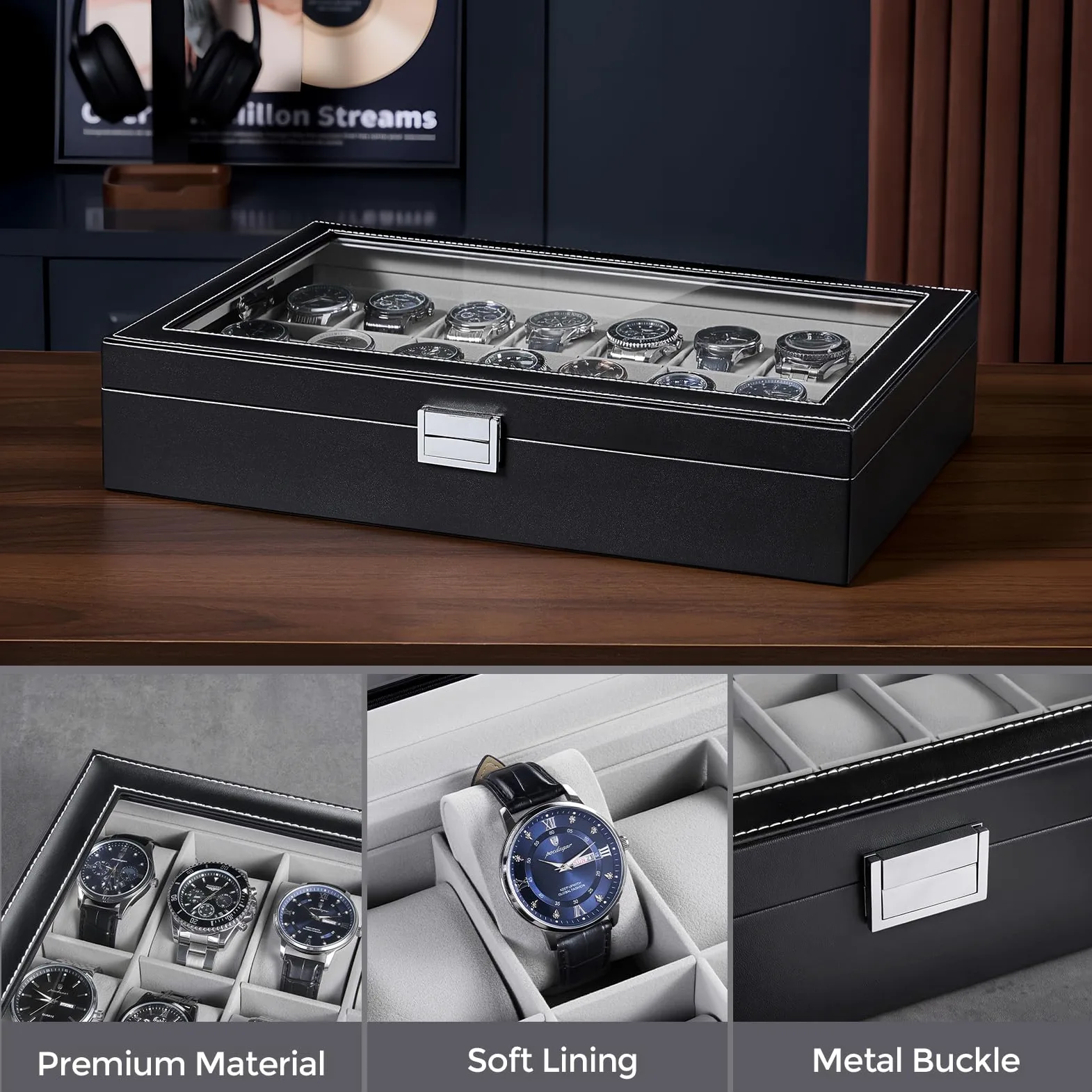 ProCase Caja para Relojes, 20 Ranuras Organizador de Joyas Relojero Multifuncional Caja Joyería Cuero PU con Almohadilla Suave Tapa Cristal Vidrio Almacenamiento Porta Reloj para Hombres -Negro