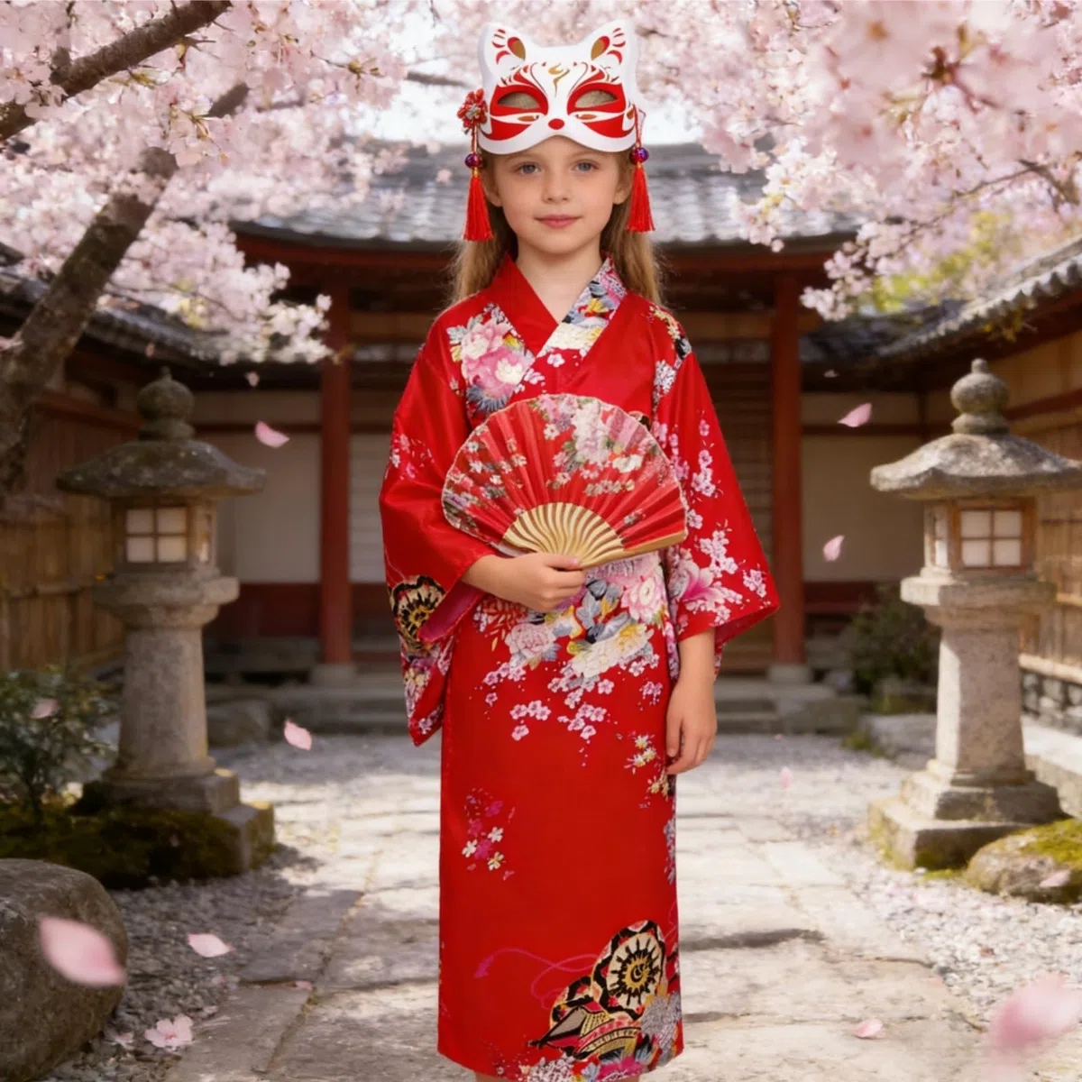 5 Piezas Disfraz Niña Kimono Japonés, Inspirado en Yukata, Traje Tradicional Set con Accesorios para Cosplay, Vestido de Festival Cultural Asiático