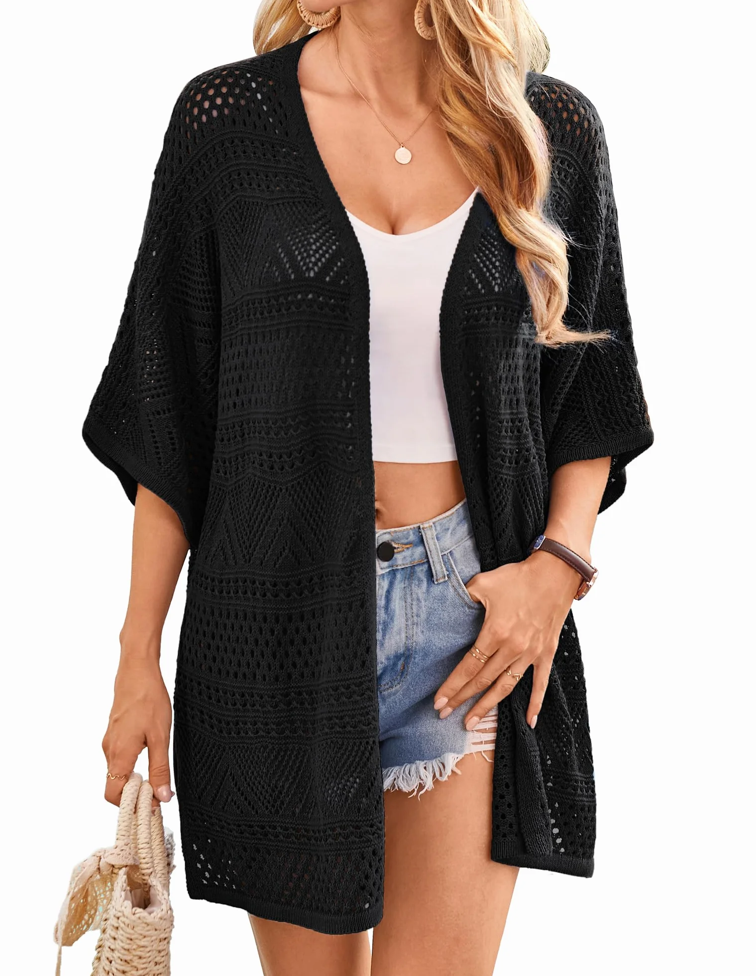 GRACE KARIN Cárdigan de verano de ganchillo hueco para mujer, manga murciélago, estilo bohemio, ajuste holgado, para vacaciones