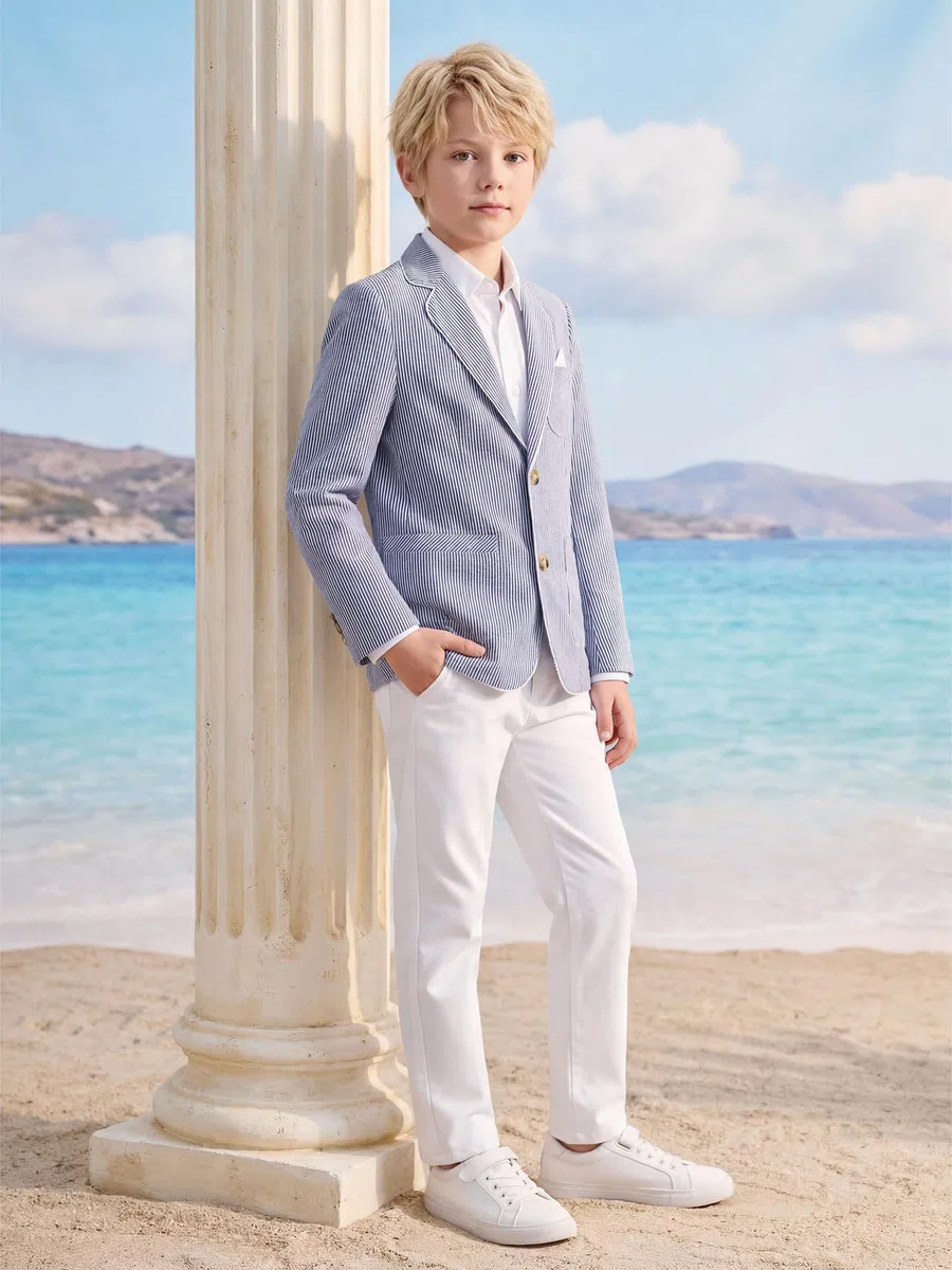 LOLANTA Blazer de Seersucker Transpirable para Niños, Chaqueta Elegante de Traje a Rayas para Verano y Ocasiones Informales