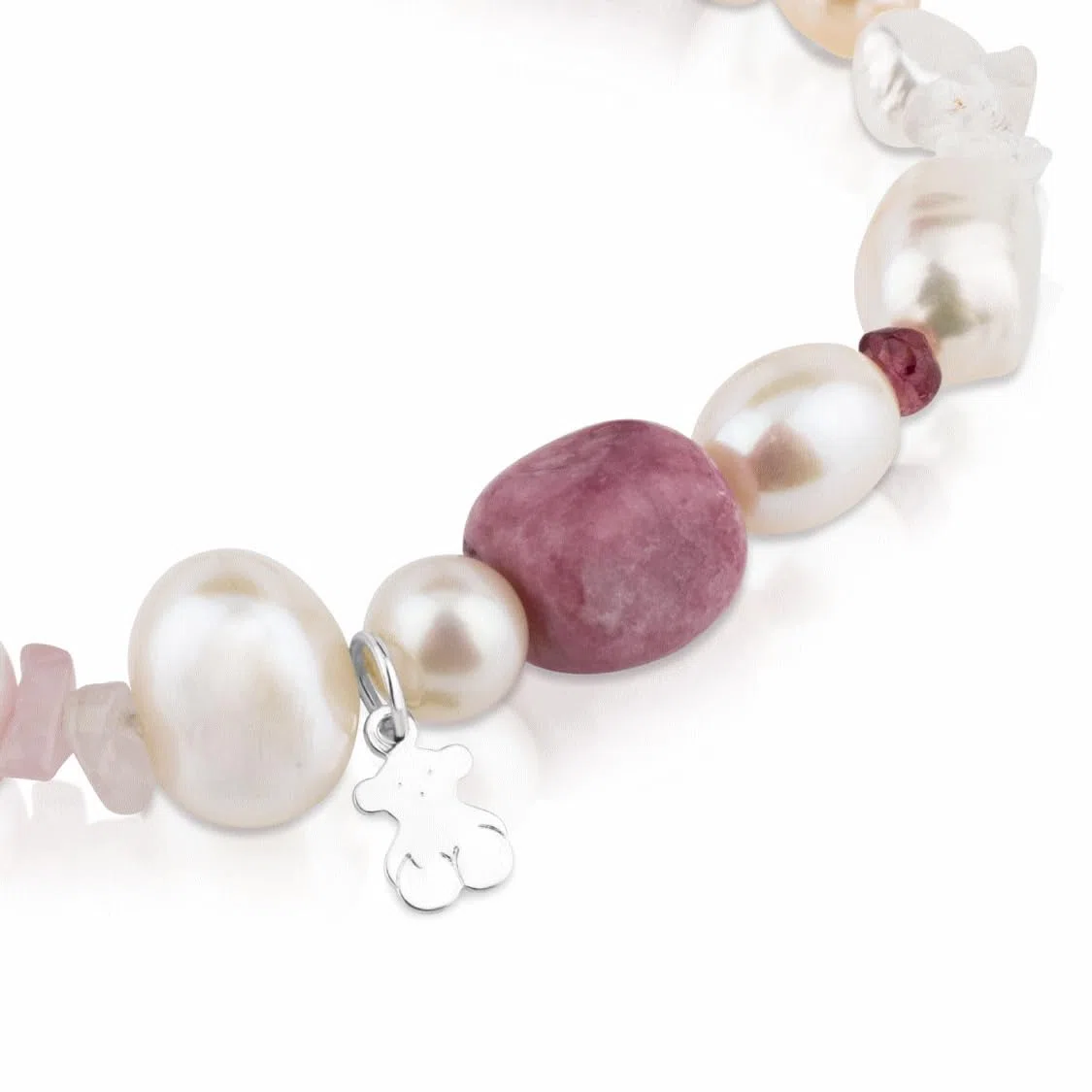 TOUS Pulsera de Perlas, Granate, Rodonita y Cuarzo para Mujer con Motivo de Oso en Plata de Primera Ley, 17,5 cm de Largo, Elegante y Clásica, Colección Pearl