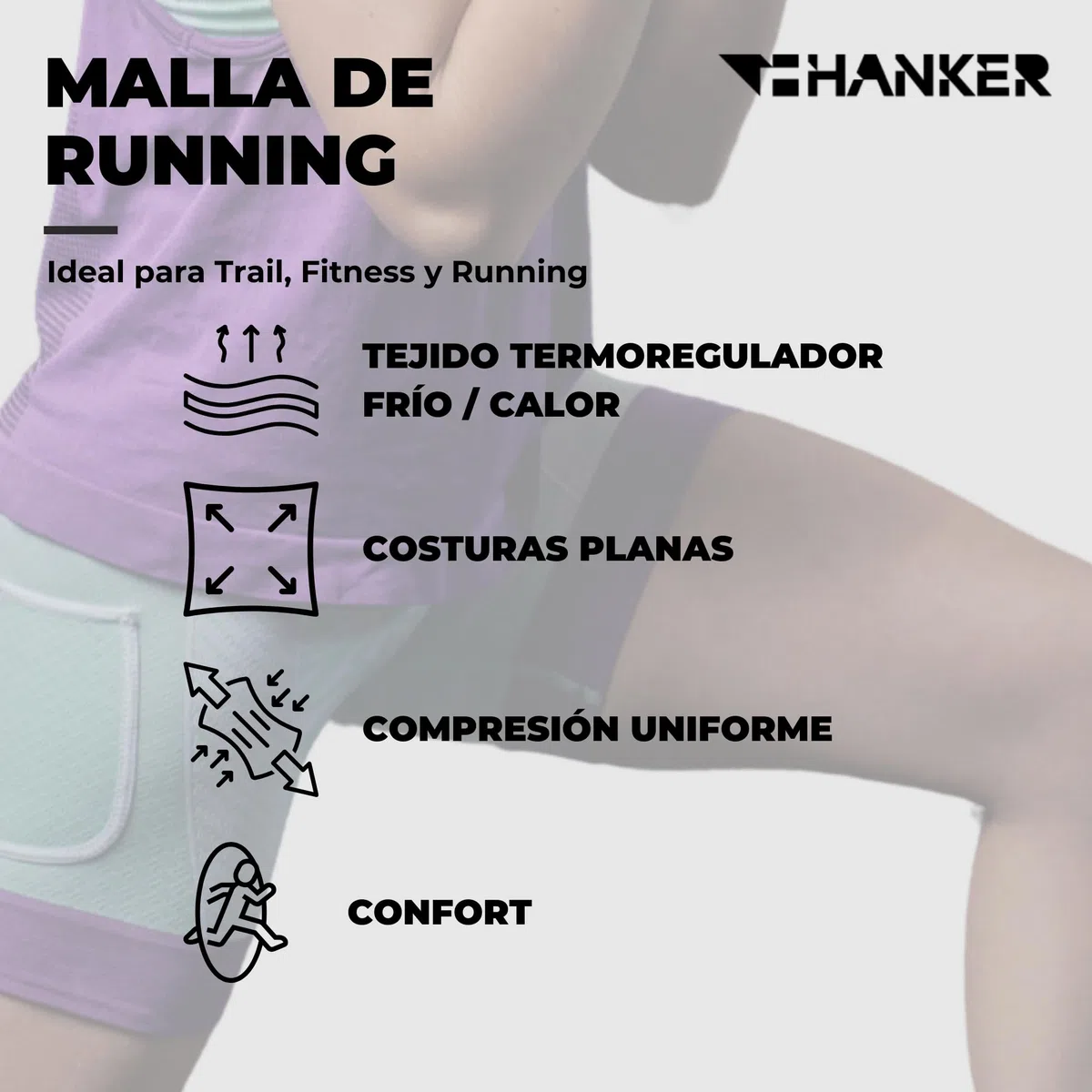 HANKER Malla Corta Mujer Compresiva para Deporte Tejido Sin Costuras Termoregulador y Cintura Tubular. Ideal Running, Trail y Fitness