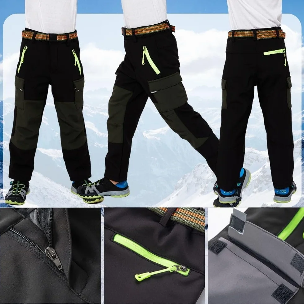Pantalones térmicos impermeables para niños y niñas, pantalones de nieve, pantalones de invierno al aire libre, pantalones cargo forrados, pantalones de esquí para niños