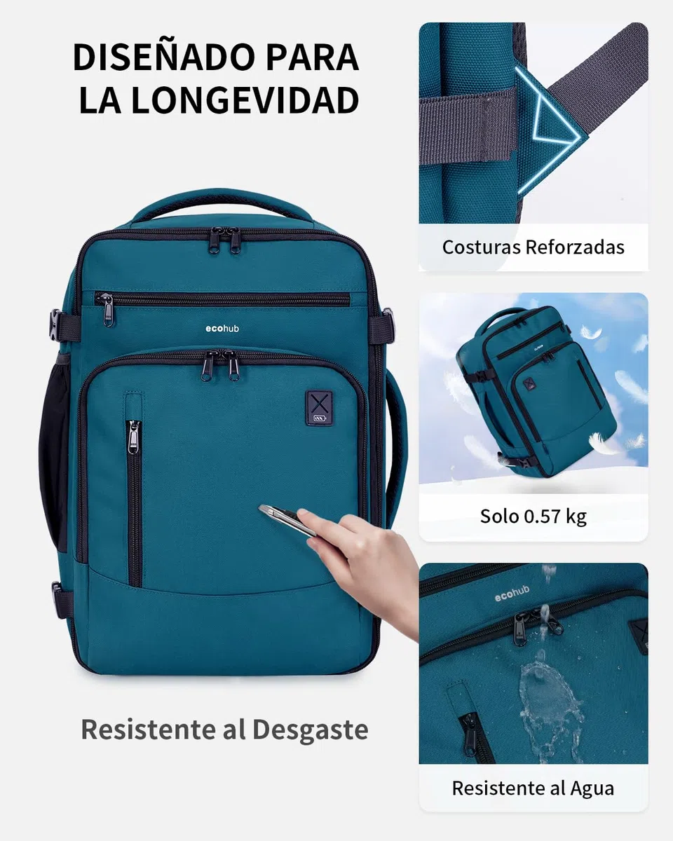 ECOHUB Ryanair Mochila Viaje Cabina Avion 40x20x25 Maletas de Viaje Cabina Bolsa de Viaje Bolso del Ordenador Portátil Maleta de Mano Under Seat Eco PET Mochila para Equipaje de Mano 20L, Azul-verde