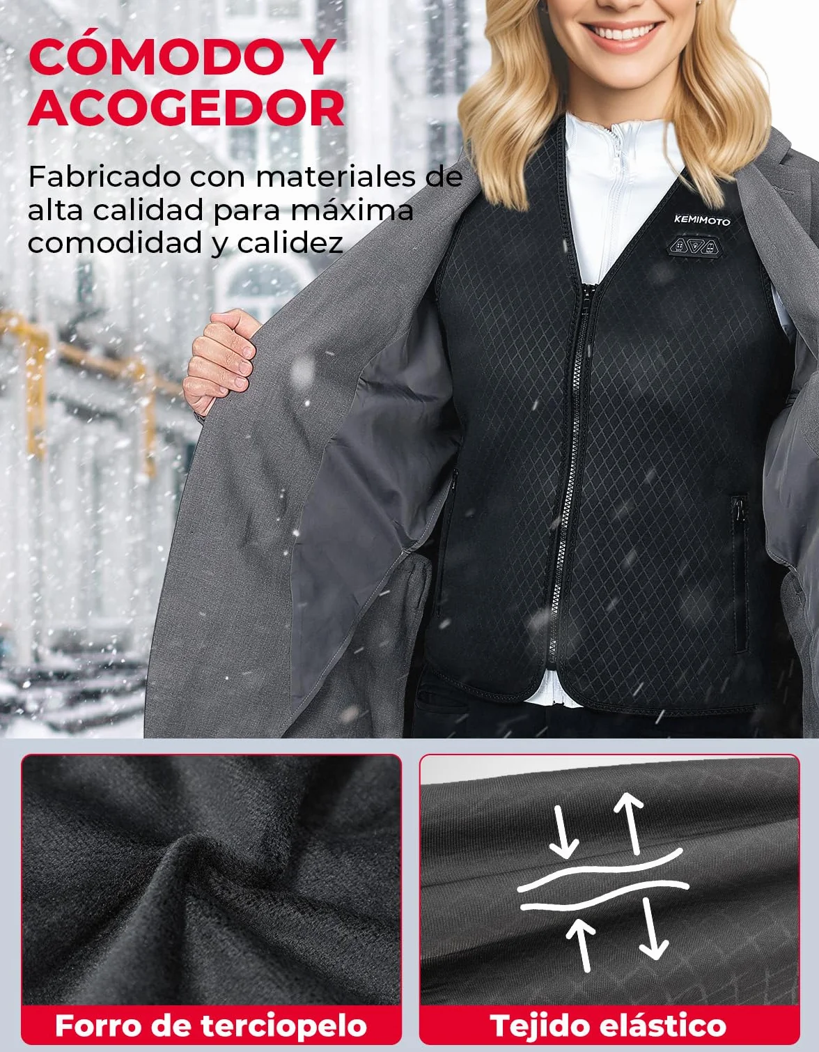 KEMIMOTO Chaleco Calefactable Mujer, Chaleco Térmico Corte Elegante y Ajustado con 6 Zonas de Calentamiento, Chaleco Cálido para Campar, Esquí, Pesca, Actividades al Aire Libre (Sin Batería)