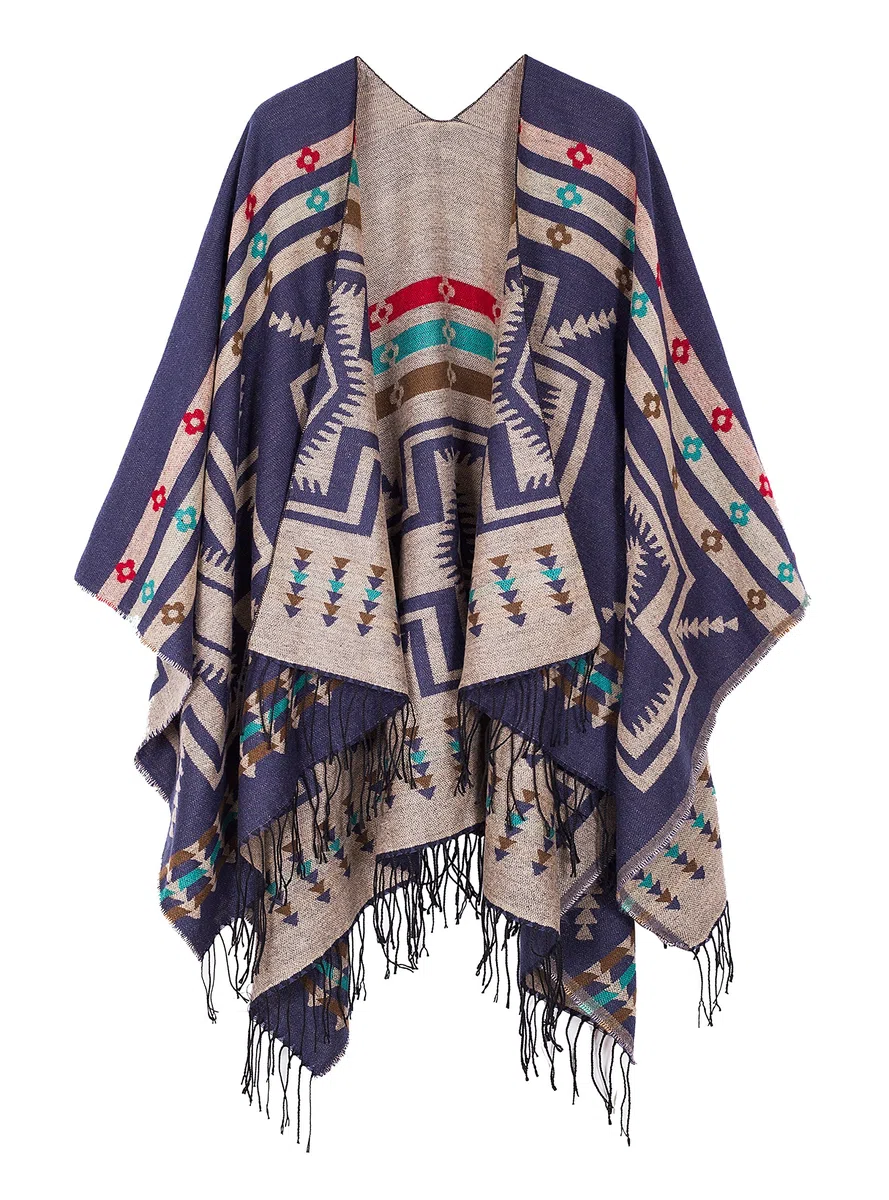 Urban GoCo Mujer Poncho Cárdigan de Punto Capa Gran Tamaño Estampado Étnico Chal Bufanda Manta con Borlas