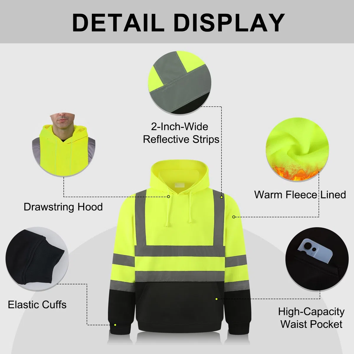 HYCOPROT Sudadera de Alta Visibilidad Forro Polar Reflectante de Seguridad Chaqueta de Trabajo con Capucha Bolsillos Cordón de Chaqueta de Seguridad Top con Cordón para Hombre y Mujere EN ISO 20471