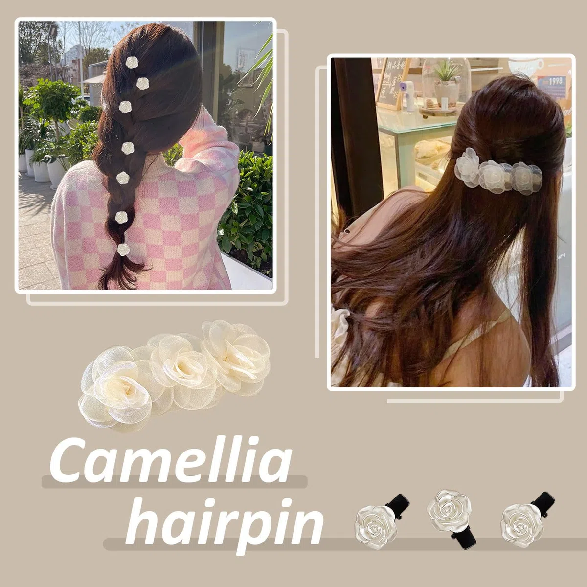1 horquilla de camelia, 5 horquillas pequeñas, horquillas hechas a mano para niñas, tiara blanca, flores para el pelo