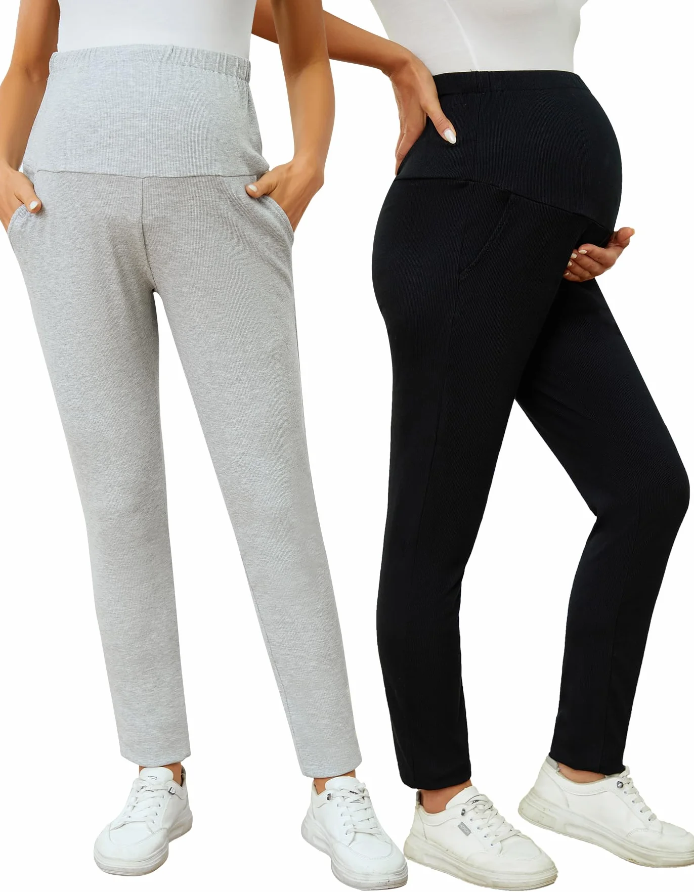 2 Pack Pantalones de Maternidad para Trabajo Ajustable Pantalones de Embarazo Elásticos con Bolsillos para Mujer