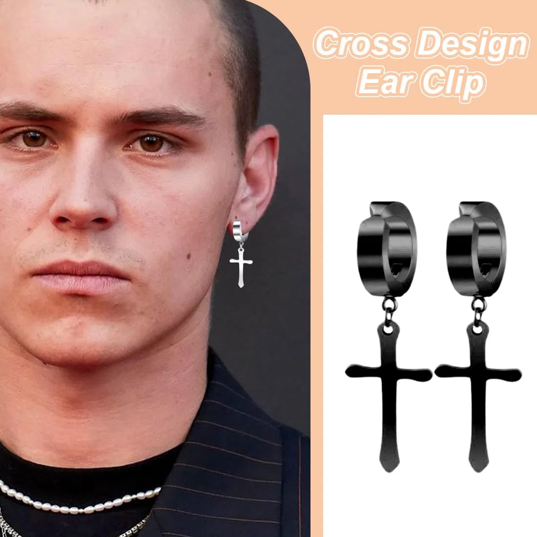 3 pares de pendientes de cruz, pendientes colgantes de cruz, acero inoxidable, pendientes de clip, juego de pendientes punk para hombre y mujer (negro, plateado, dorado)