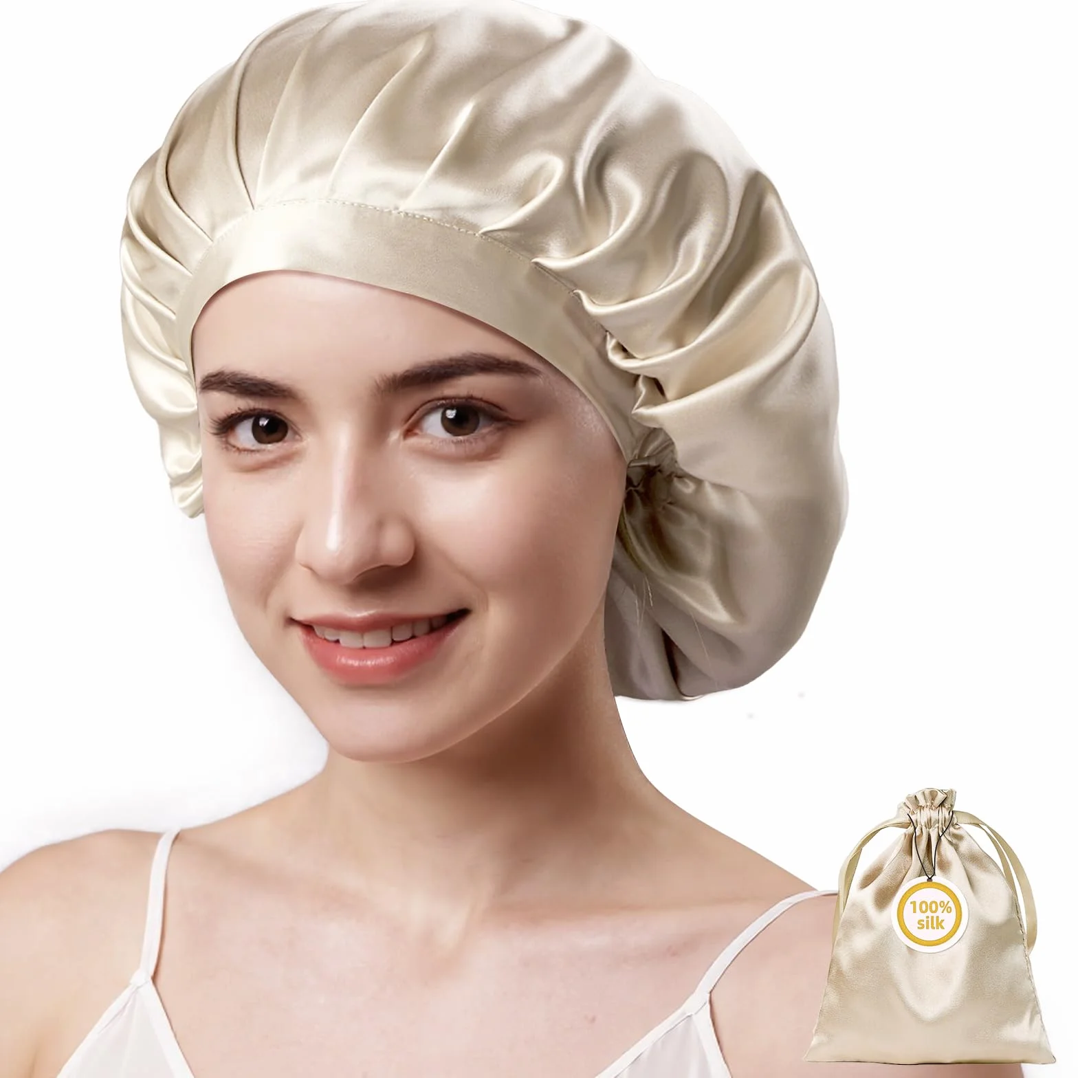 Kaome Gorro de Dormir de Seda 22 Momme 100% Seda Mulberry, Gorro de Noche Ajustable Doble Cara, para Pelo Rizado y Largo, Suave y Antideslizante, Transpirable con Bolsa