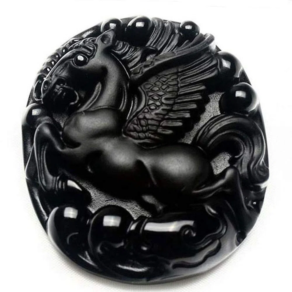 Collar de obsidiana Natural Negro obsidiana Colgante Amuleto Caballo de Pegaso de Regalo de la joyería Fina Hombres Mujeres Cristal