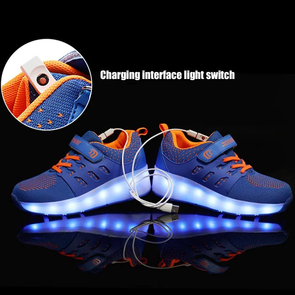 Zapatillas luminosas LED para niños con ruedas con botón de presión ajustable, patines en línea, para deportes al aire libre, fitness, gimnasia, zapatillas de correr, Double Wheel Light Blue,