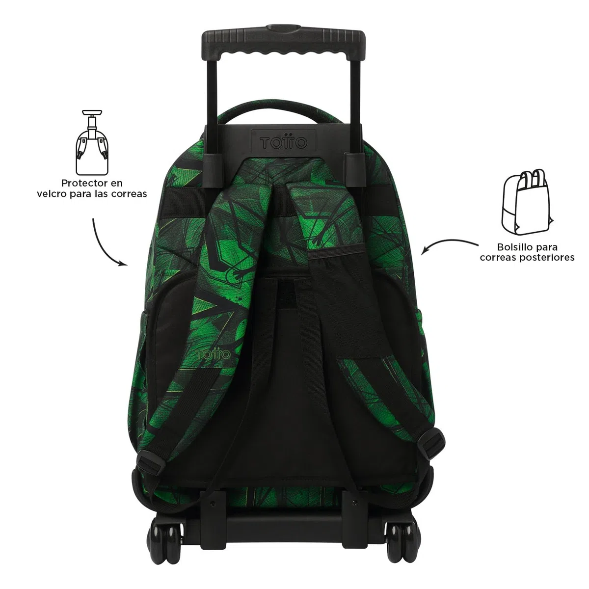 TOTTO - Mochila Escolar con Ruedas, Modelo Renglones, Capacidad 26,21 Litros, Bolsillo para PC 14", Bolsillo Botella, Correas en S para Mayor Comodidad, Resistente, Estampado Jhony Jungle