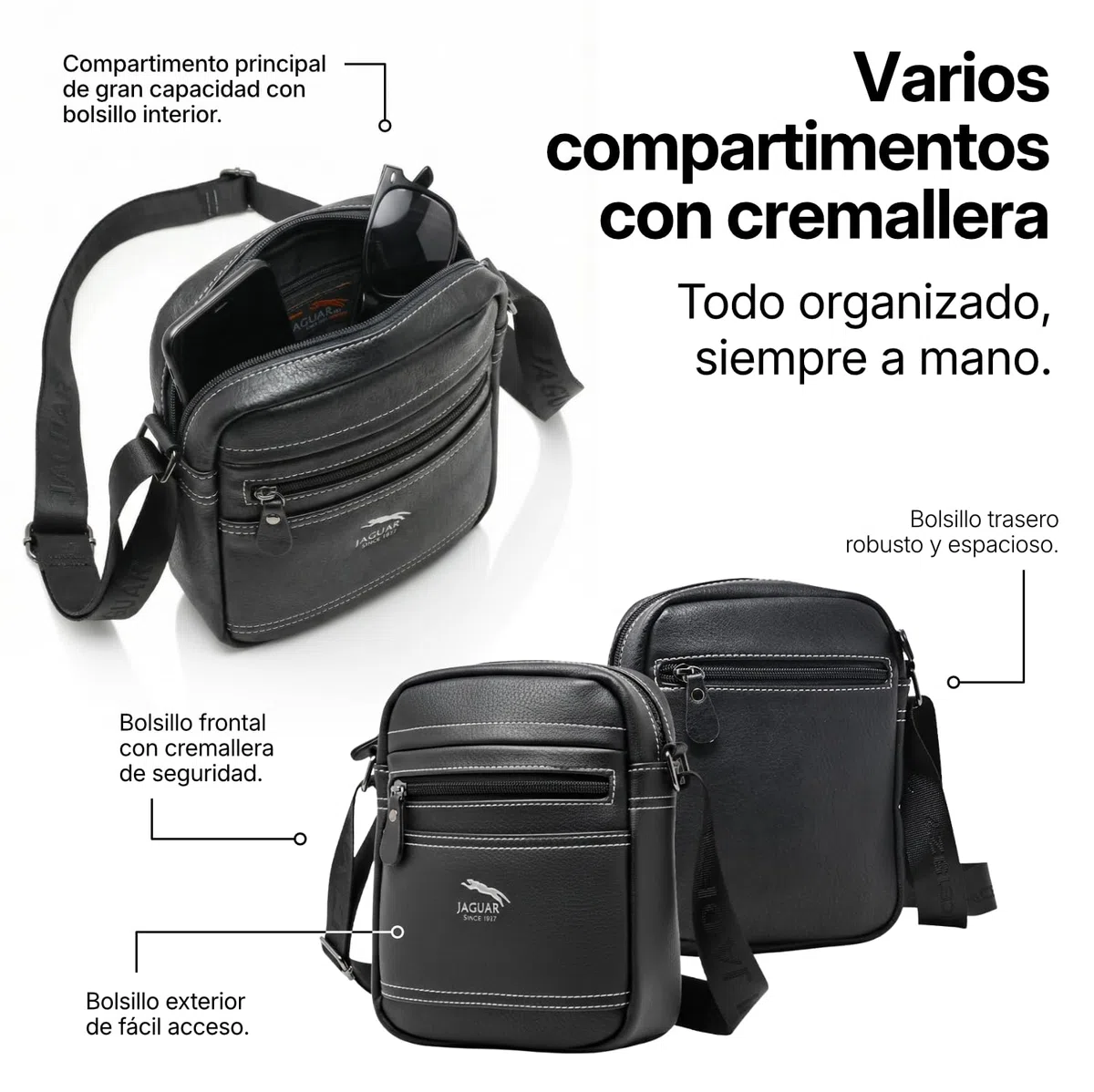 JAGUAR Bandolera Cruzada Hombre Elegante – Bolsos para Hombre Modernos y Cómodos | Bolsos Bandolera Grandes para Viajar, Ir a la Oficina o Uso Diario