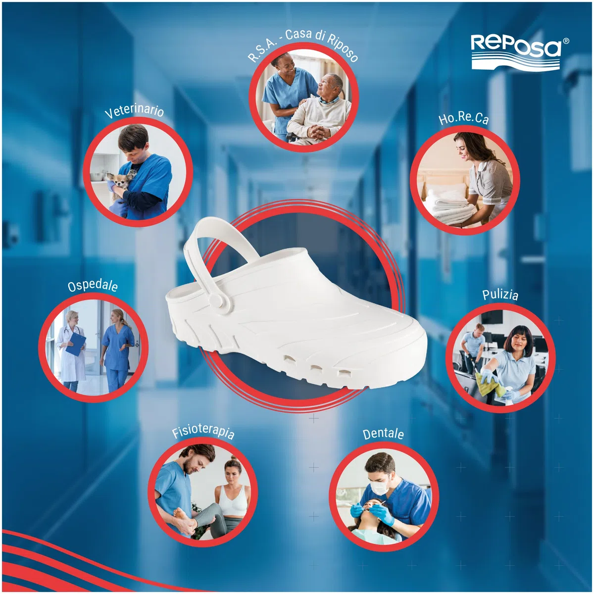 REPOSA Power - Zuecos Sanitarios Mujer y Hombre en Goma Cómodos, Ligeros y Antishock, Zapatos de Trabajo Sanitarios Anatómicos y Transpirables con Orificios Laterales - Zuecos Enfermera con Correa