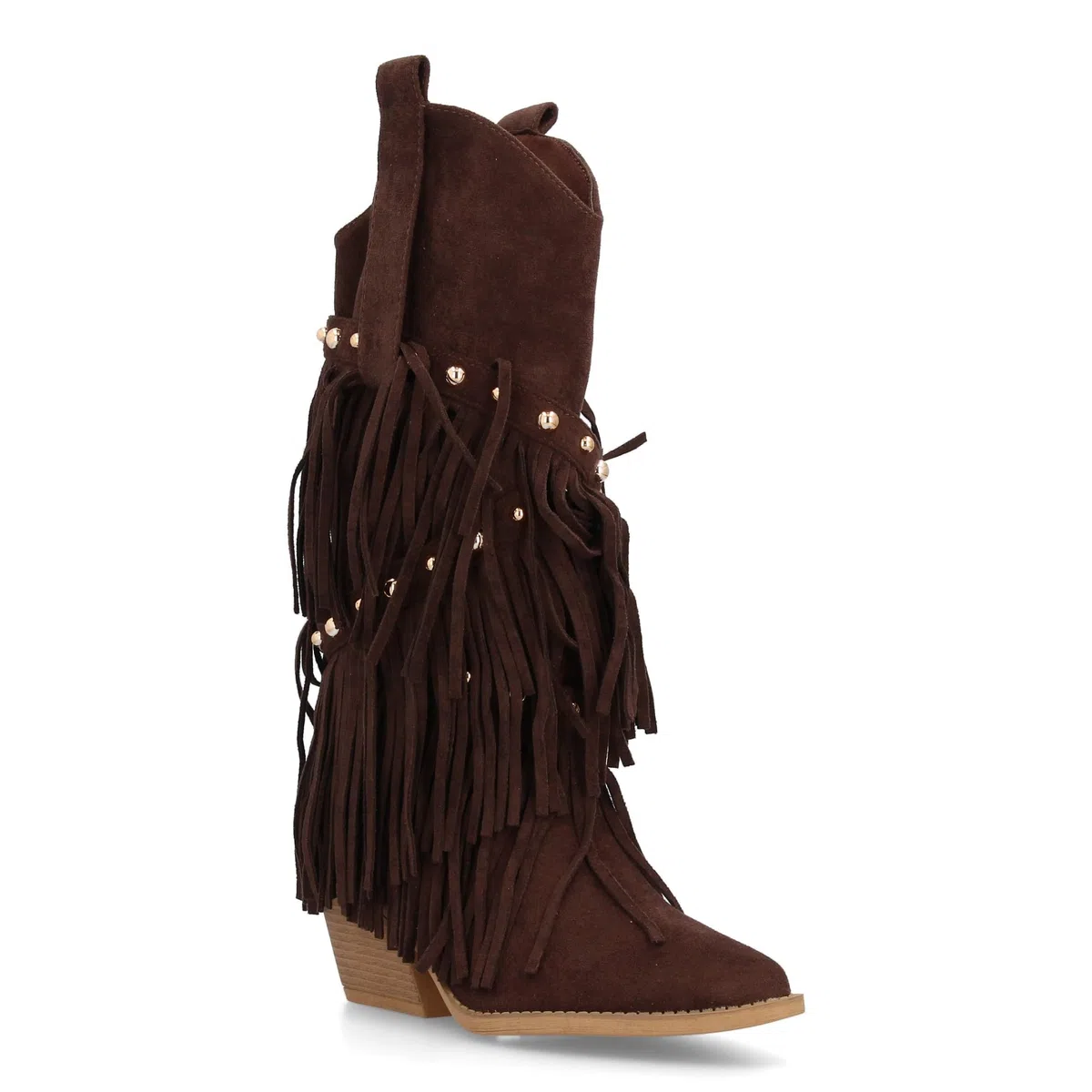 Bota de Estilo Western con Cana Alta Decorada con Flecos en Cascada y Tachuelas metalicas, Punta Fina y Tacon Cubano. Ideal para Mujer en Temporada de Otono Invierno