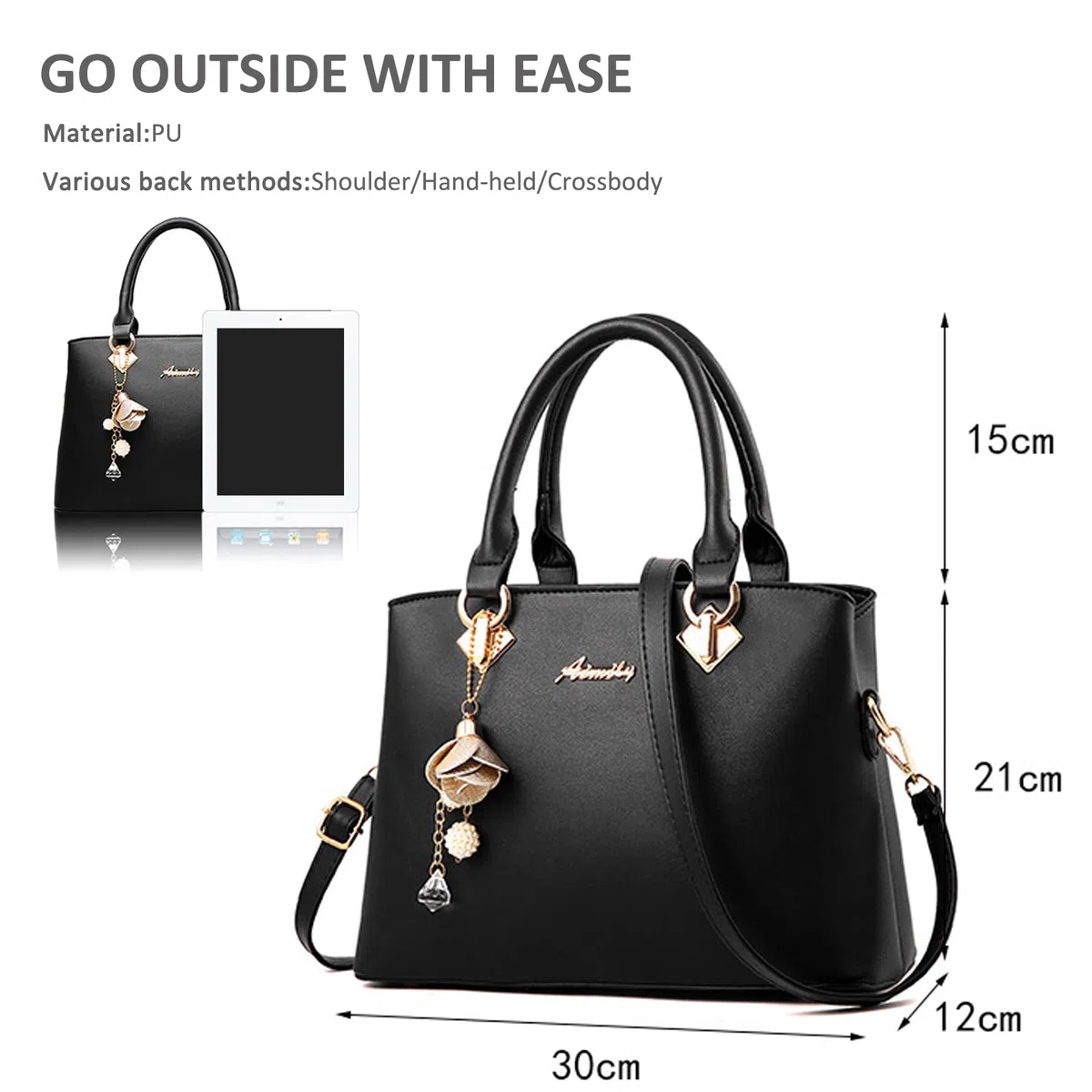 NICOLE & DORIS Bolsos de Mano Mujer Elegante Bolsos Sencillos para Mujer Bolso Bandolera Cuero PU Bolsos de Hombro Casual Bolso de Uso Diario con Colgante Negro 1