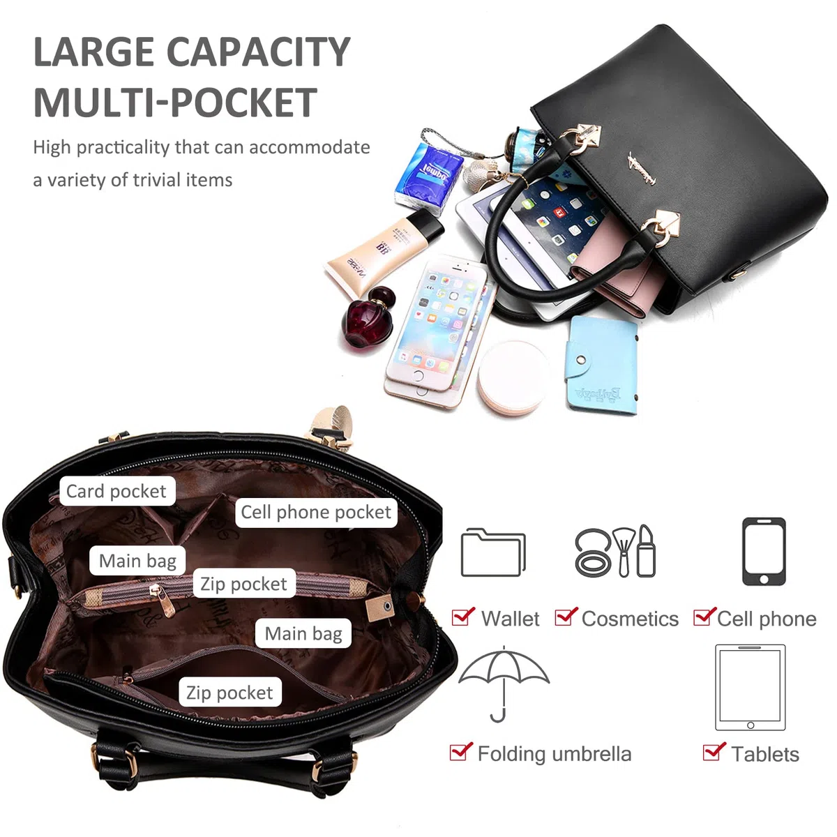 NICOLE & DORIS Bolsos de Mano Mujer Elegante Bolsos Sencillos para Mujer Bolso Bandolera Cuero PU Bolsos de Hombro Casual Bolso de Uso Diario con Colgante Negro 1