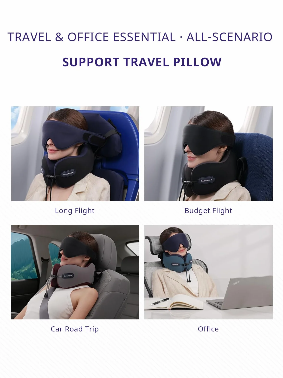 Almohada de Viaje, Almohada Cervical para Avión con Antifaz 3D y Correa de Asiento para Vuelos Largos y Viajes por Carretera, Espuma de Doble Densidad, Esencial para Viajes en Negro & Morado