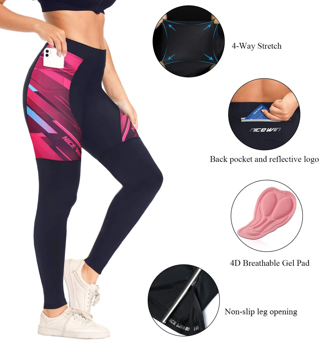 NICEWIN Pantalones de Ciclismo para Mujer, Acolchados, Largos, con Asiento Acolchado, 4D, térmicos, Largos, Transpirables, de Secado rápido, elásticos, para Ciclismo
