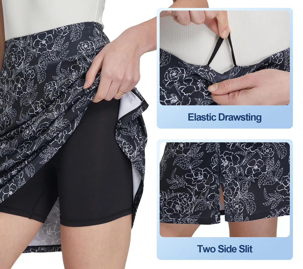 Faldas Deportivas Mujer Skort hasta la Rodilla Falda con Pantalones Debajo Falda de Senderismo con Bolsillos Ropa B-Flores Negro M