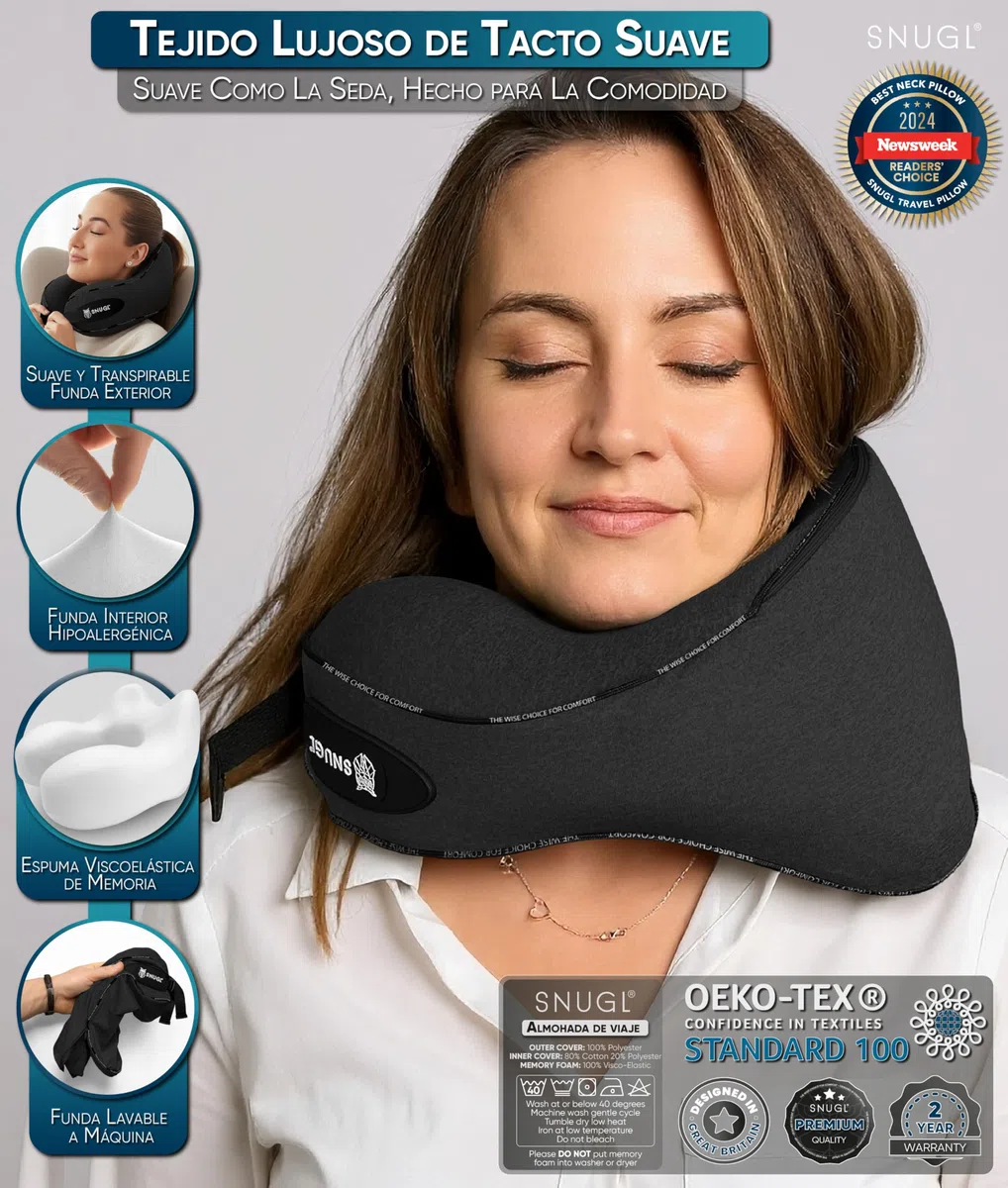 SNUGL Almohada de Viaje Ergonómica – Cojín Cuello Viaje de Espuma Viscoelástica | Almohada Cervical con Bolsa de Transporte para Coche y Avión | (Negro - Adulto Pequeño)