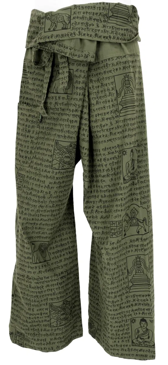 GURU SHOP Pantalones de pescador tailandeses con estampado de mantra de algodón tejido, pantalones de yoga, para hombre/mujer, verde, talla: talla única