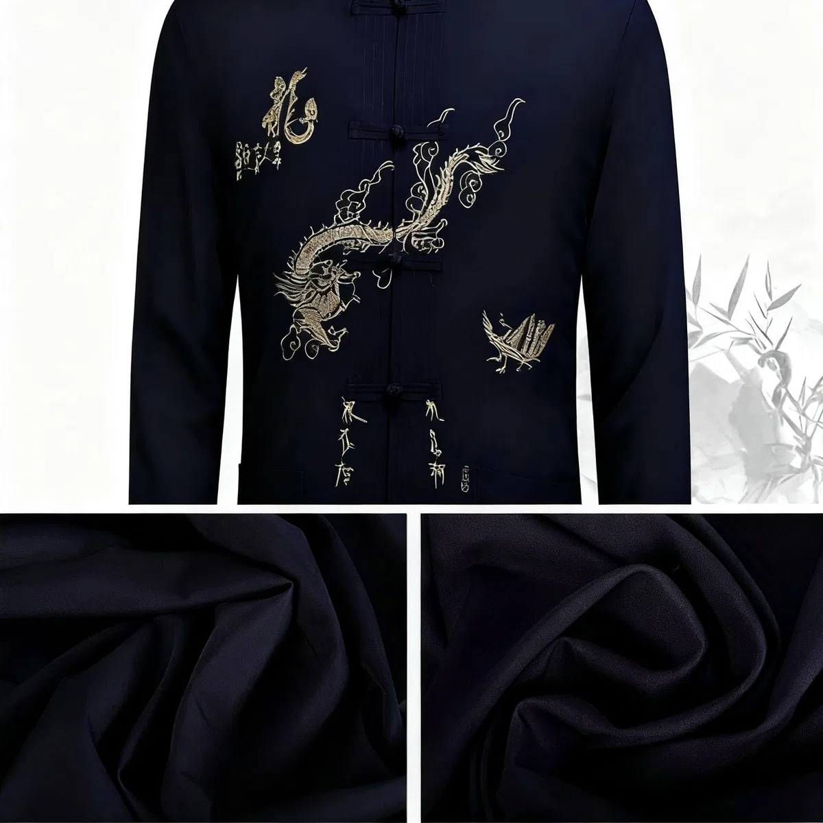 YUANZHOU Traje Chino Tai Chi Traje Tang Hombres Ropa Tradicional Hanfu Bordado Manga Superior Tops Y Pantalones Hebilla Cuello Alto Bordado,Black-42