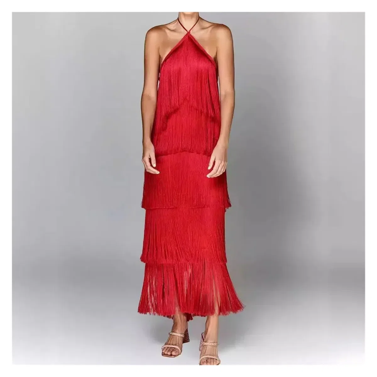 Vestido Flecos Vestido con Flecos en el Cuello y Espalda Descubierta for Mujer