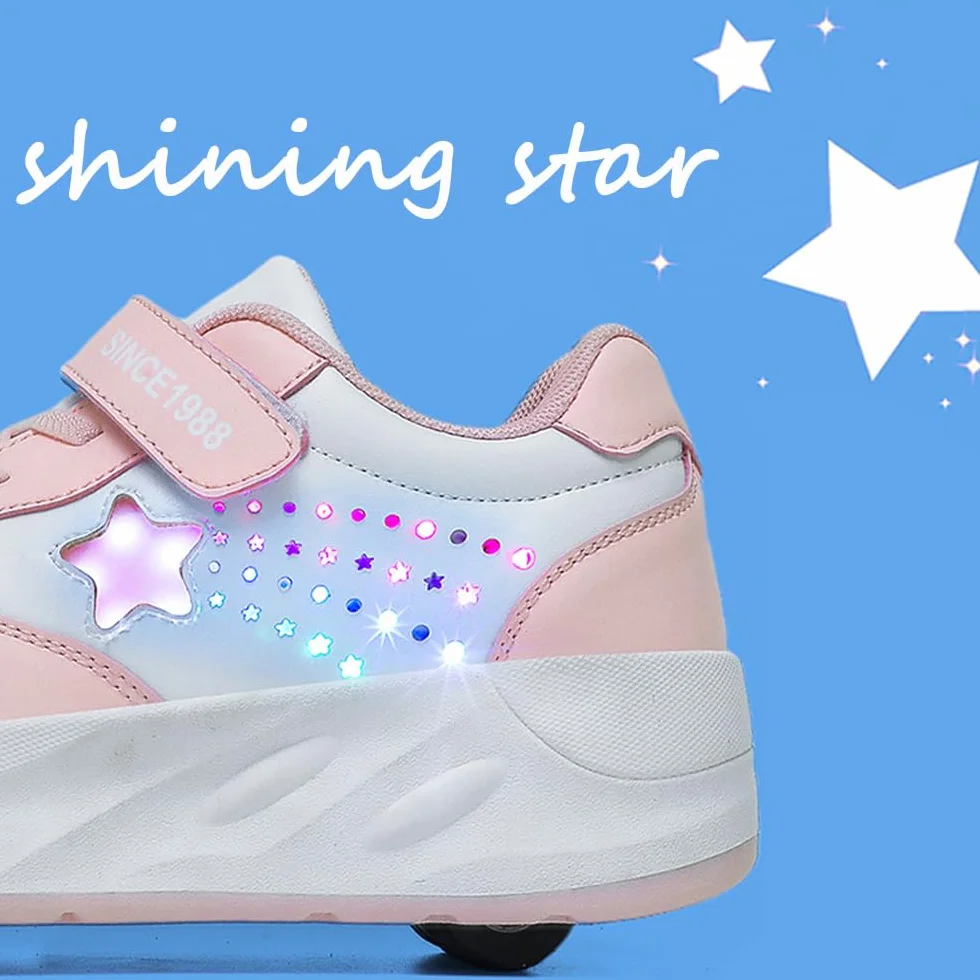 Mateju Zapatos con Ruedas para Niñas Niños, Patines con 4 Ruedas Retirable, Zapatillas de Skateboarding con Estrella Brillante, Zapatillas Deportivas al Aire Libre Multiusos