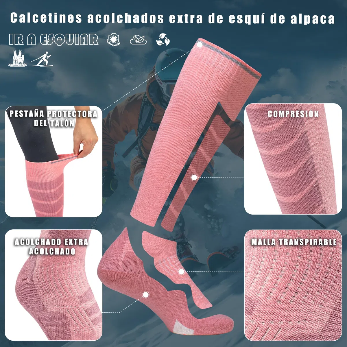 ineepor 2 Pares Alpaca Calcetines Esquí para Hombres, Mujeres Y Jóvenes, Calcetines Altos de Compresión para SNOWBOARD, Calcetines térmicos hasta la rodilla de invierno para Clima Frío Tallas 35-51