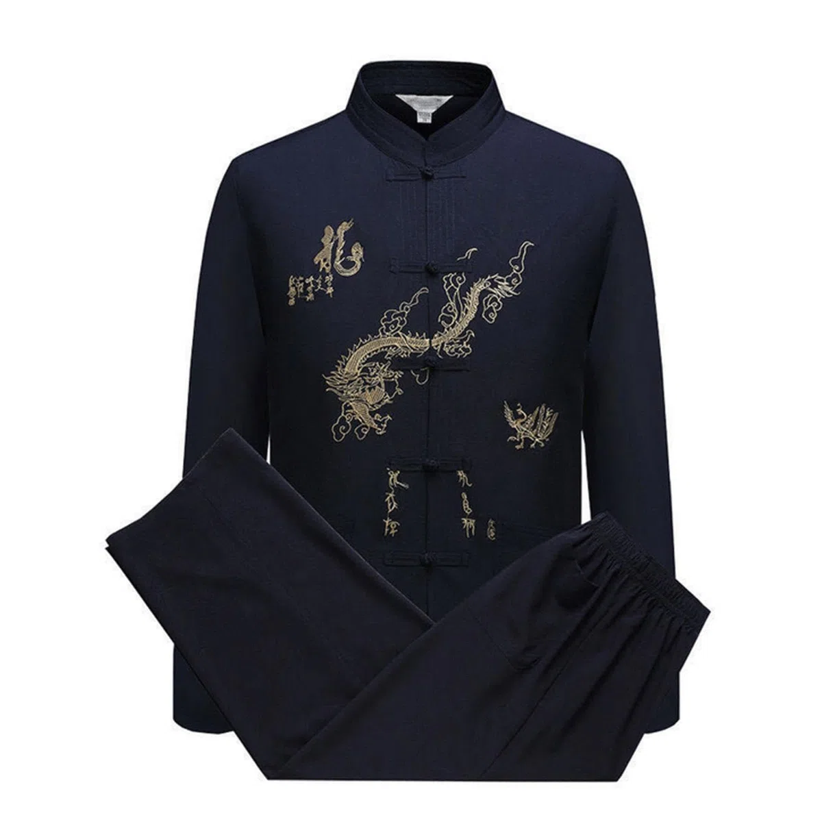 YUANZHOU Traje Chino Tai Chi Traje Tang Hombres Ropa Tradicional Hanfu Bordado Manga Superior Tops Y Pantalones Hebilla Cuello Alto Bordado,Black-42
