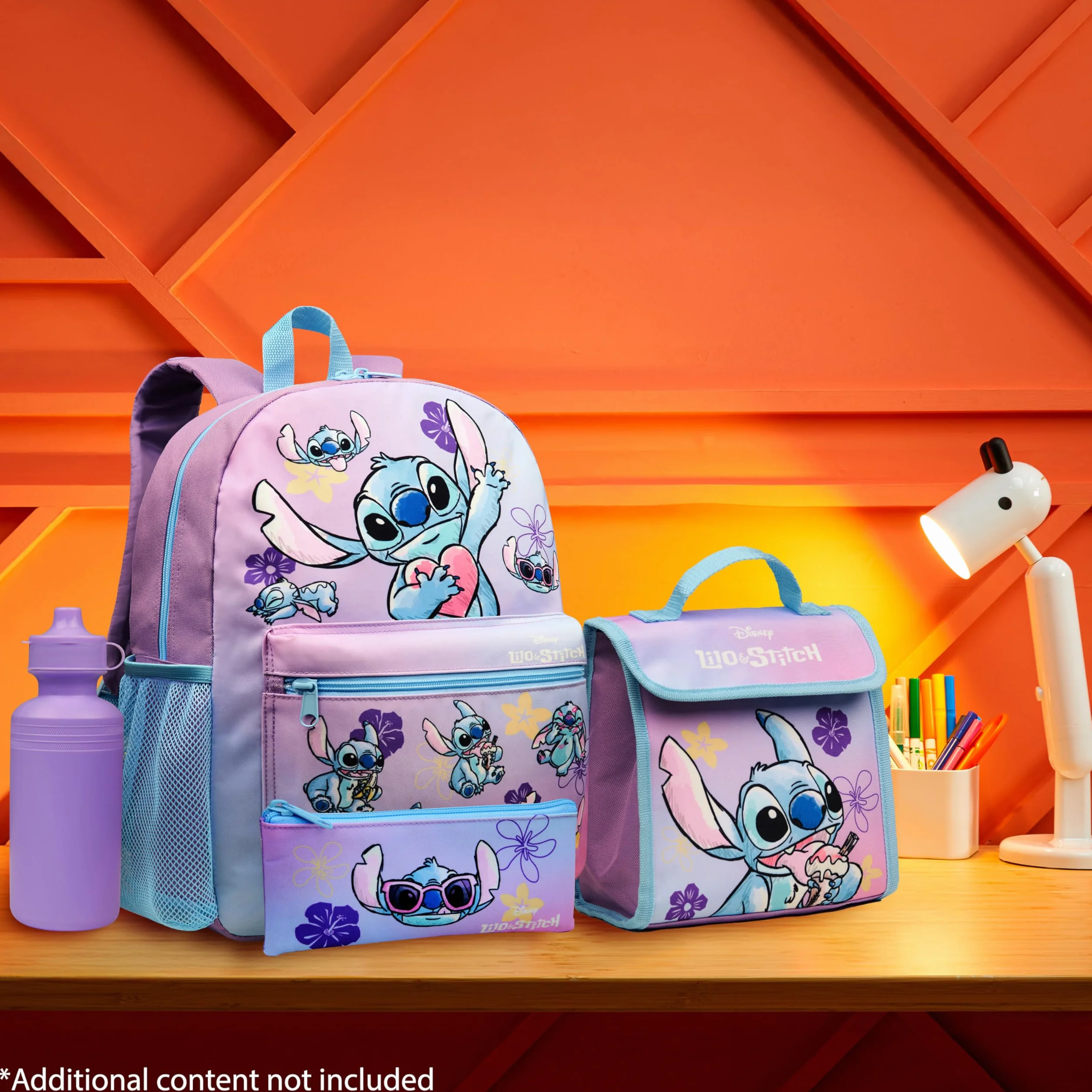Disney Stitch Mochila Escolar Niña Adolescente Chica con Estuche Infantil Botella de Agua y Bolsa de Almuerzo Set de Material Escolar 4 Pzs
